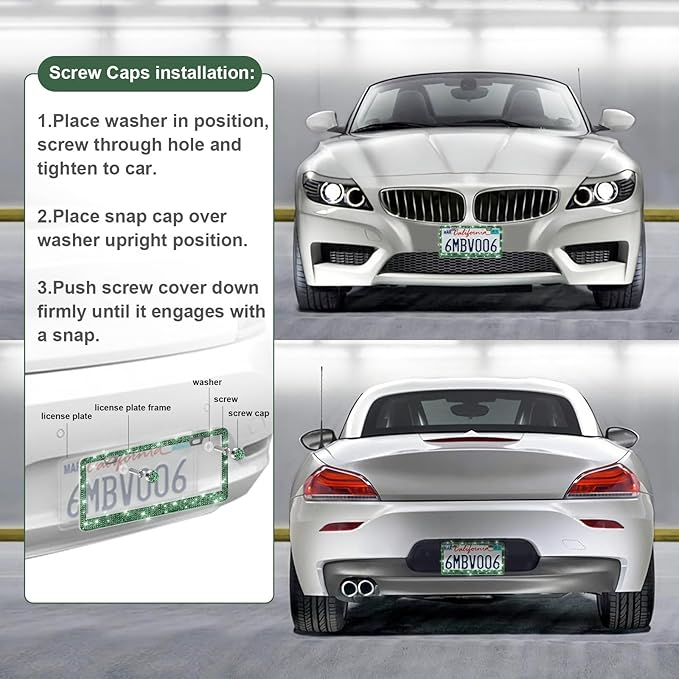 QUANQIUFEI 2 Pack Bling License Plate Frames for Women, Sparkly Rhinestone Diamond Car Accessories with Glitter Crystal Caps (Dark Green)