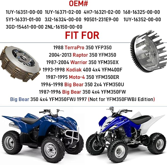 Clutch Assembly & Basket Kit Complete Gasket Compatible with Yamaha Warrior 350 Big Bear 350 4x4 Big Bear 350 2x4 Kodiak 400 Raptor 350 Moto-4 350 1987-2013