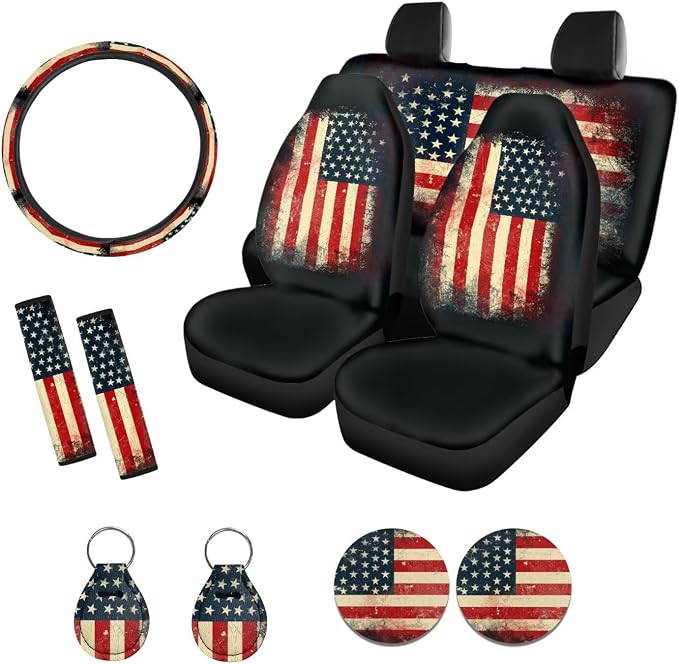 Xoenoiee 4th of July Patriotic 11 Pieces Car Seat Covers Interior Accessories Set Universal Fit with Steering Wheel Cover, Seat Belt Pads, Keychain, Cup Coasters, American Flag Pattern
