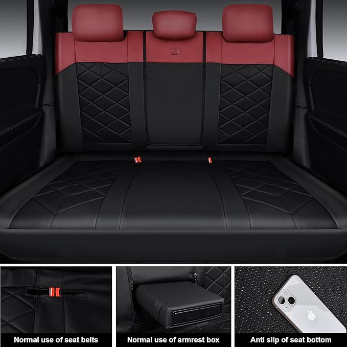 CAR PASS Nappa Leather Seat Covers for Car, Waterproof Seat Covers Full Set, Luxury 3D Rhombus Lined Sponge Airbag Compatible Universal Fit for Automotive SUV Truck Pickup Sedan, Black Red