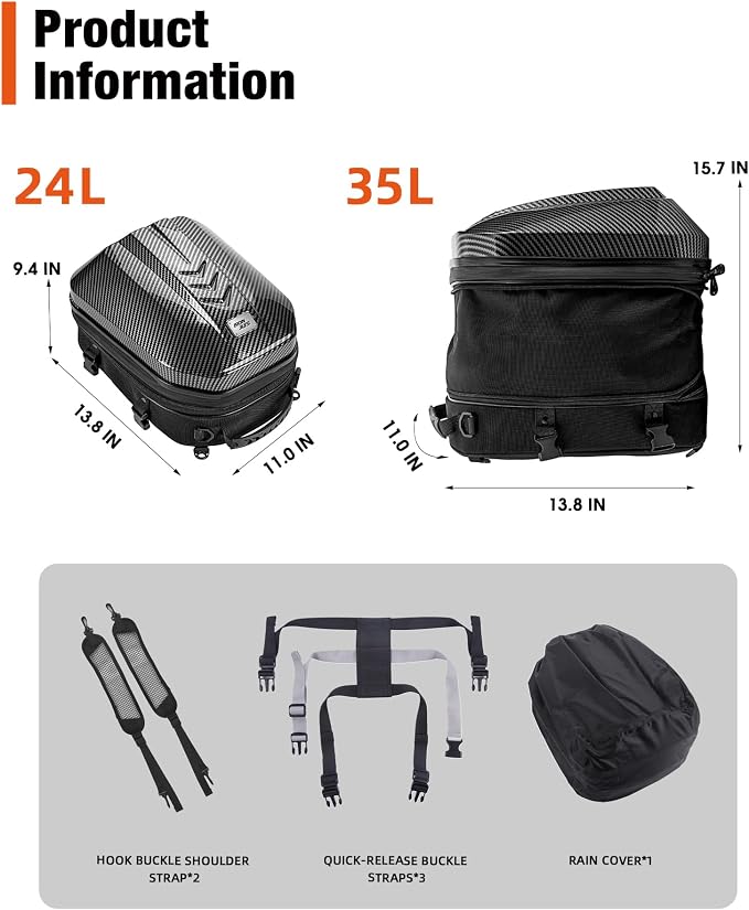 Grapelet Motorcycle Tail Bag Backpack Waterproof ABS Hard Shell Motorbike Luggage Bags Helmet Bags with Expandable Storage 24L-35L