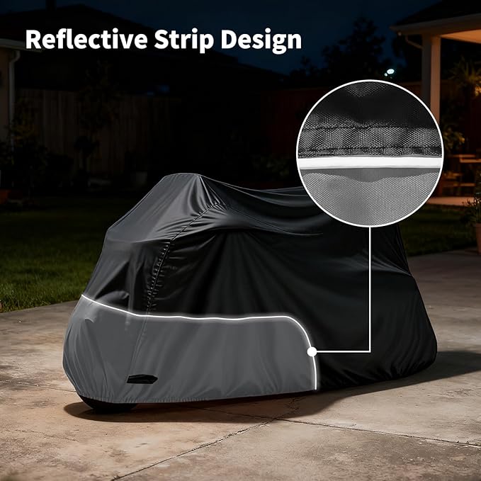 Motorcycle Cover Heavy Duty Waterproof, for Motorcycle with Side+Top Box, Compatible with Harley Davidson Ultra Ltd, Road Glide Ltd, Honda Goldwing, BMW, Indian Motorcycle Accessories, Black/Grey