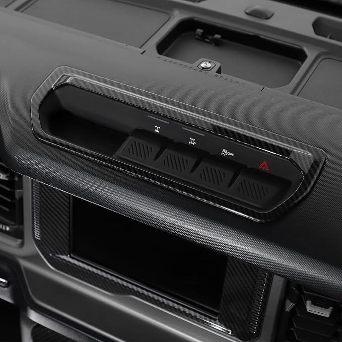 Jimen Fit for 2021-2024 Ford Bronco with 8″ Screen, 8PCS Carbon Fiber Interior Kits - Dashboard Cover, Air Conditioning Control Panel, Gear Shift Knob Cover, Engine Start Stop Button Trim
