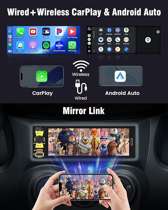 Single DIN Car Radio with Bluetooth Connection, 1 DIN Car Stereo Wireless Apple CarPlay with 6.5" HD in-Cell Touch Screen, FM/AM/RDS, USB + Type-C Ports, Remote Control, SWC, Backup Camera