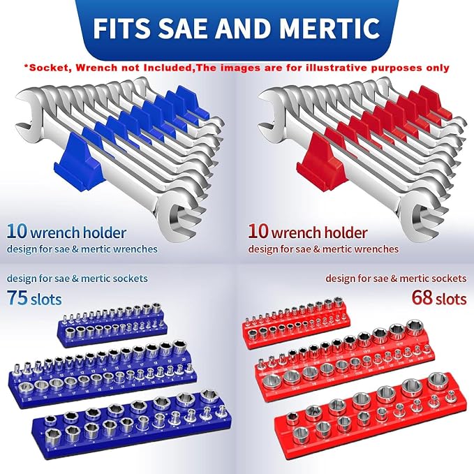 Magnetic Socket Organizer Set, 8PCS Socket Holder with 6 Socket Trays & 2 Wrench Racks, Metric & SAE Tool Box Organizer 1/4", 3/8", 1/2" for Garage, Toolbox, Workbench(Socket, Wrench not Included)