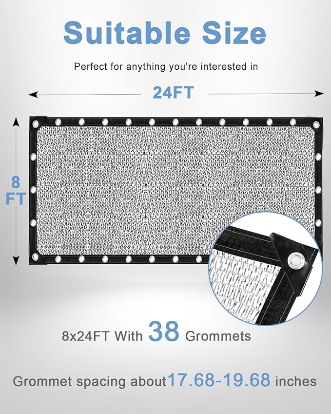 vensovo 30% Aluminum Shade Cloth - Reflective Aluminium Shade Netting Sun Shade Cover with Grommets for Cars, Dogs, Outdoor, RV, Patio (8x24FT)