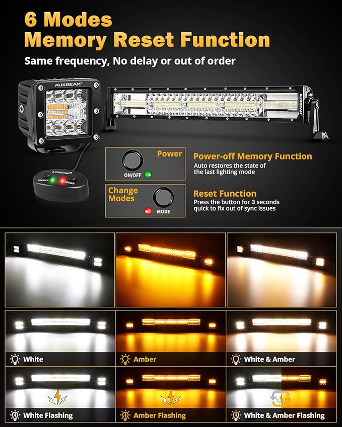 Auxbeam 22-Inch LED Light Bar & 3-Inch Cube LED Pods Combo Set 3-Pack | 6 lighting modes series, Amber white dual-color strobe lights, Spot flood combo beam, Flashing offroad fog lights
