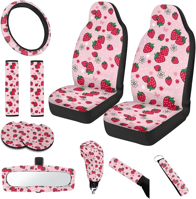 Cute Strawberry 11 Pieces Car Seat Covers Sets with Auto Seat Belt Cover Steering Wheel Cover Gear Lever Cover Hand Brake Cover Car Decor Accessories Fit for Cars SUV