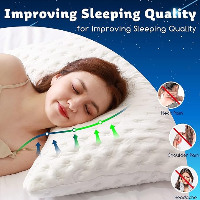 KUCEY Cooling Side Sleeper Pillow for Neck and Shoulder Pain, Luxury Shredded Memory Foam Curved Bed Pillows for Sleeping Set of 2- Adjustable Standard Size- Washable Cover Crescent White