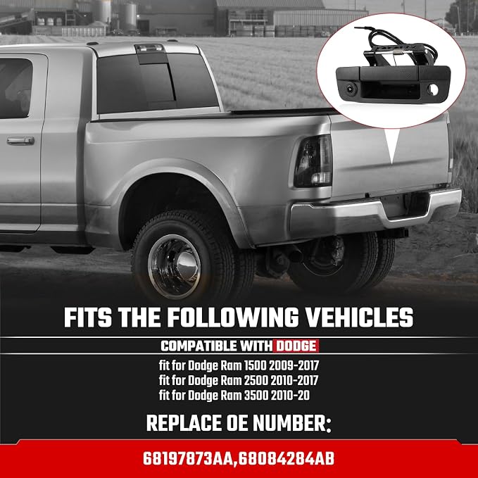 Tailgate Handle Backup Camera Fit for Dodge RAM 1500 2009-2017,Fit for Dodge RAM 2500 3500 2010-2017 Tailgate Reversing Rear View Park Assist Camera RCA Plug Replace# 68084284AB