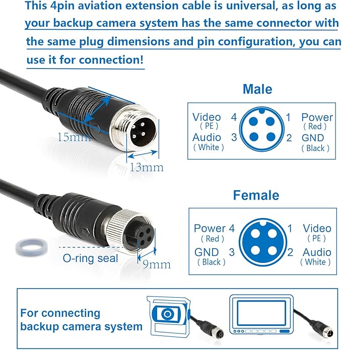 4 Pin Camera Cable with Corrugation Tube Cover, Aviation Extension, 4 Pin Video Cable for Backup Camera Rear View System RV Truck Trailer Bus Car Waterproof (16ft/5m)