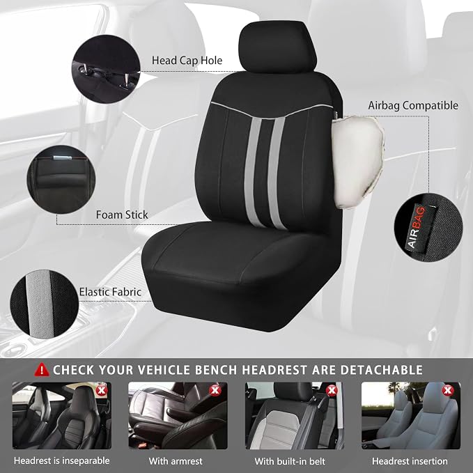 CAR PASS Line Rider Microfiber Leather Sporty Steering Wheel Cover and Sporty Cloth Full Set Car Seat Covers,Fits for 95% Truck,SUV,Cars, Anti-Slip Safety Comfortable Desgin (Black Gray)