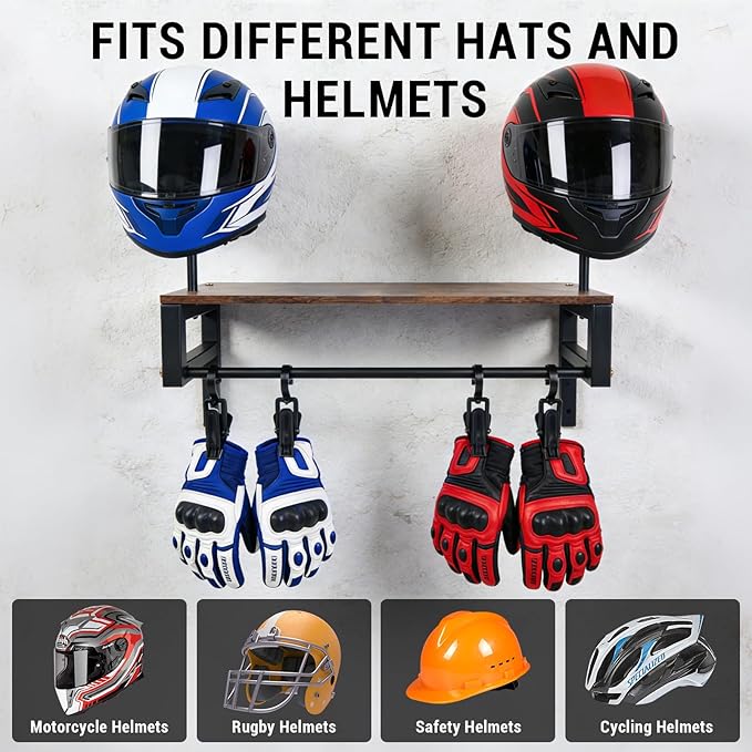 Helmet Rack Wall Mount, Motorcycle Helmet Holder Plate Rack Display Organizer with 4 Glove Clips, Helmet Rack with RGB Lights Strip