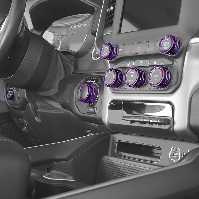 Jimen for Ram Center Console Knob Covers, 7PCS AC Air Conditioner Audio Volume Button & Headlight Switch & 4WD Shifter Knob Ring Trim Fit for Dodge Ram 2018-2025 (Purple)