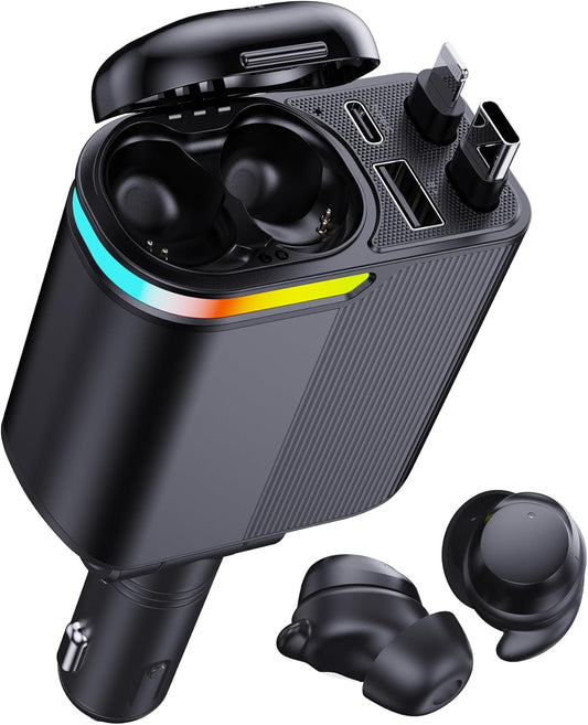 MLVOC 120W Fast Charging Car Charger with Earbuds, Retractable 4-in-1 USB-C & Lightning for iPhone & Android (Black)