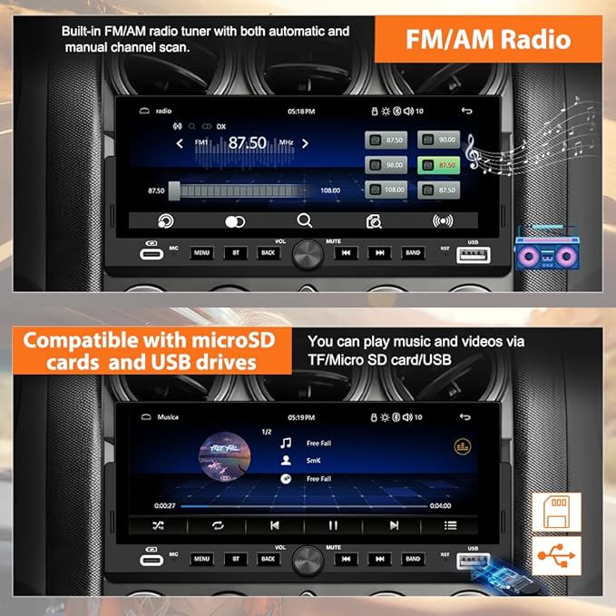Single Din Car Stereo, 6.86 Inch CarPlay & Android Auto HD IPS Touchscreen Radio with Bluetooth with Backup Camera, Support USB Type-C Charging/USB/Mirror Link/Microphone/FM/EQ (B)