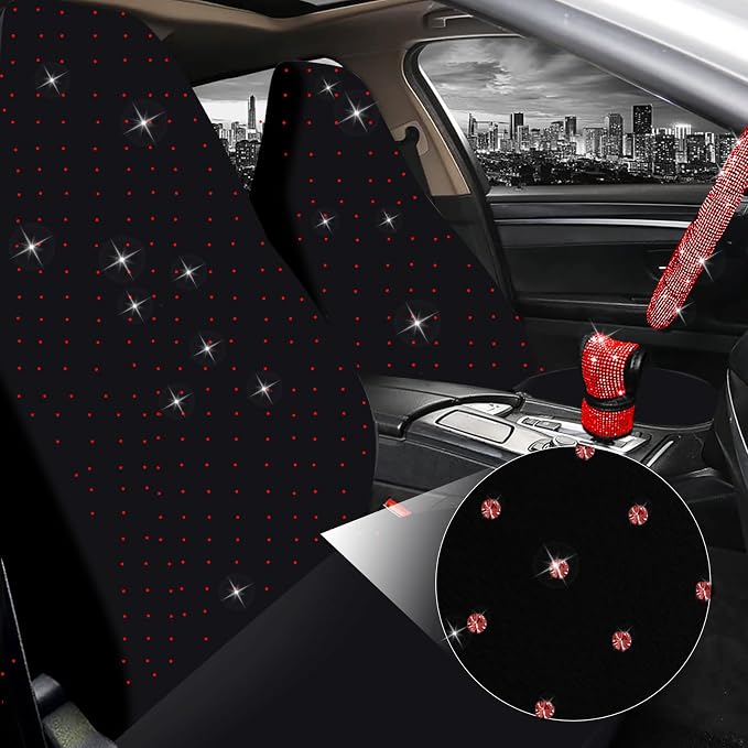 17 Pack Bling Car Seat Covers Set Car Diamond Accessories Rhinestone Crystal Steering Wheel Cover, Bling Velvet Breathable Glitter Center Console Pad Universal Car Interio(Full Set/Red)