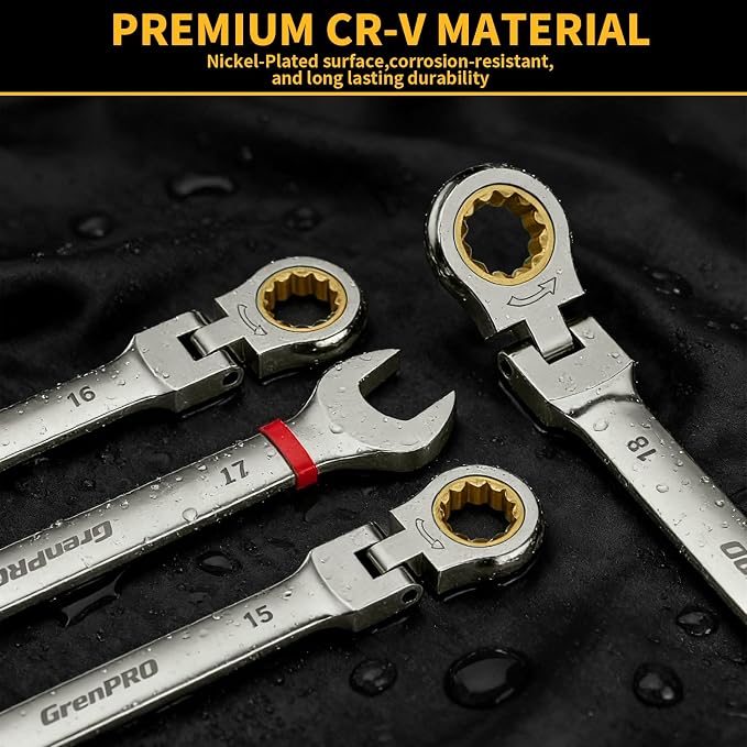 GRENPRO 23PCS Flex-Head Ratcheting Wrench Set, Combination Ratchet Wrenches Set Metric and Standard & SAE with Organizer Box, 6-18mm & 1/4" to 3/4" with Color Ring, Nickel Plating Socket Mechanic Tool