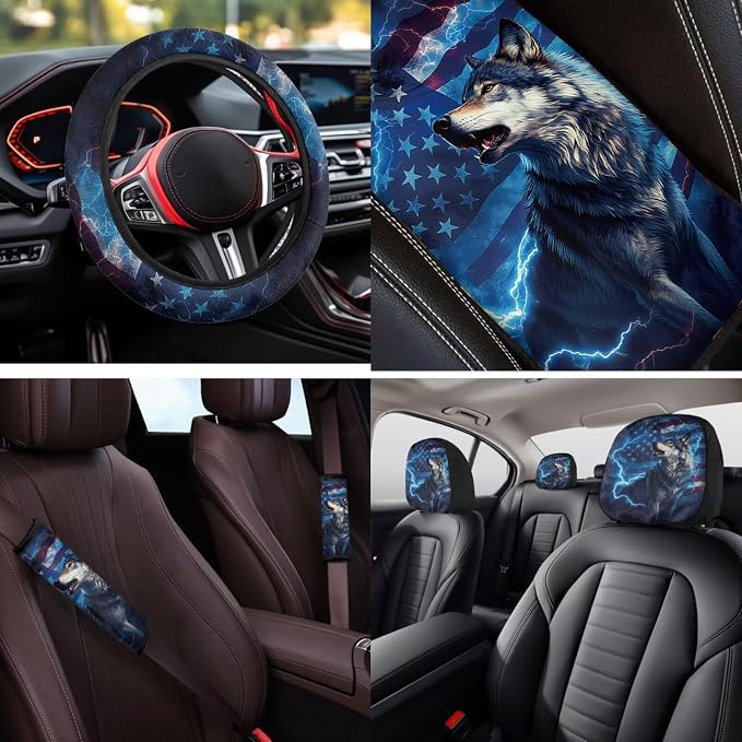 Bulopur Wolf Lightning Car Seat Covers Front and Rear with Armrest Cover Seat Headrest Cover Car Seatbelt Shoulder Strap Covers Keychain Patriotic Auto Interior Accessories Set for Van Sedan SUV