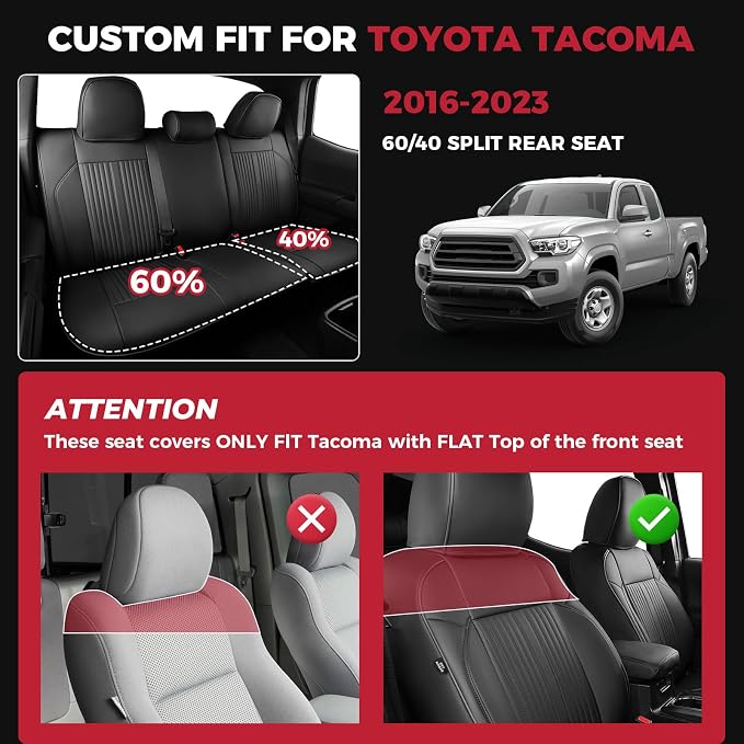 FREESOO Leather Car Seat Covers Fit for Toyota Tacoma 2016-2023 Full Coverage Seat Cover for Double/Crew Cab SR/SR5/Limited/TRD Pro/TRD Sport, Pickup Truck Seat Covers (5 Seats, Black)