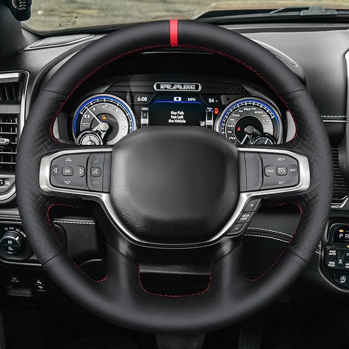 MEWANT Hand-Stitched Steering Wheel Cover Wrap for Dodge Ram 1500 2019-2023 Steering Wheel Accessories for Dodge Ram(Backsides Without Buttons)