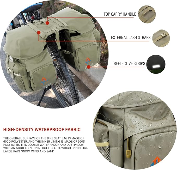 Large Saddle Bags for Bike Rear Rack,Waterproof 50L Panniers Bike Bags for Bicycles/MTB/E-Bike,Bike Trunk Bag With Reflective Stripes,Support for Width Less Than 7 Inches Bike (Army Green,50L)