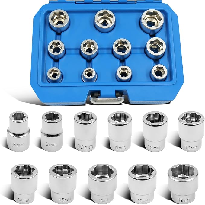 11Pcs 3/8" Drive Metric Bolt Extractor Socket Set - Sizes 8-19mm for Easy Removal of Damaged Fasteners with Innovative Clamping Design