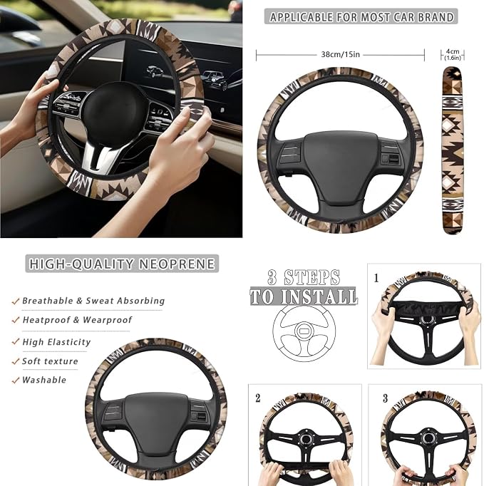 Ethnic Geo Car Seat Covers Set of 15 with Universal Steering Wheel Cover, Rearview Mirror Cover, Car Trash Can, Seatbelt Pads, Cup Holder Coasters, Keychains