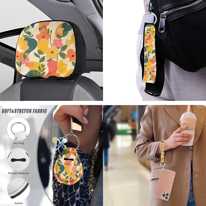13 Pcs Yellow Wild Flower Car Seat Covers, Flowers Geometric Vehicle Headrest Cover Keychain, Abstract Floral Leaf Automotive Interior Covers for Sedans, Trucks