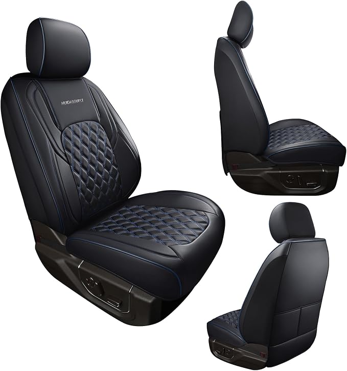Huidasource Truck Seat Covers Fit for Chevy Silverado GMC Sierra 1500 2007-2013 & 2019-2025, 2500HD 3500HD 2020-2025 Crew Double Extended Cab Pickup Leather Car Seat Cover (Full Set/Black&Blue)