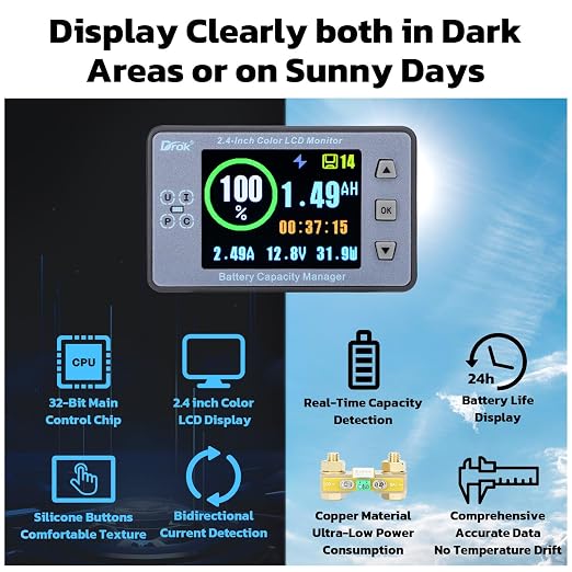 DROK Battery Coulometer, DC 8-100V 500A Split Type Multi Tester 12V 24V 36V 48V 60V Coulometer Watt Meter, Capacity Percentage Time Power Voltmeter Ampmeter for RV Solar Panel Golf Cart Car Audio