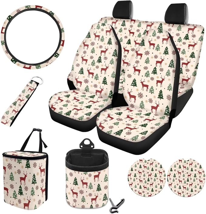 Deer Christmas Tree Pattern 10 Pack Car Seat Cover Set, 4 Front Rear Seat Covers, 1 Steering Wheel Cover, 1 Hanging Car Trash Can, 1 Air Vent Pouch, 2 Coasters, 1 Keychain Christmas Decor