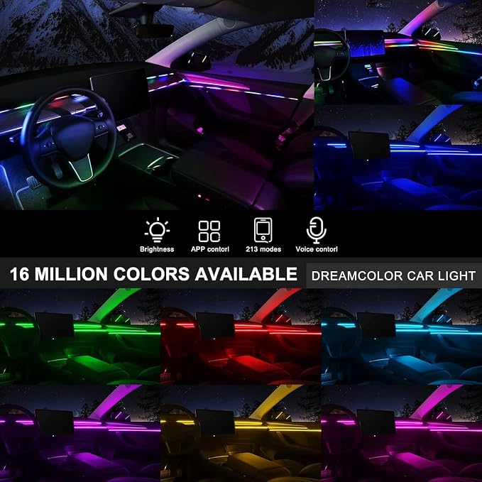 Dreamcolor Acrylic Interior Car LED Strip Light with USB/Type C, 10 in 1 with 179.24 inches 610 LEDs Ambient Lighting Kits, Sound Active Function Neon Accessories