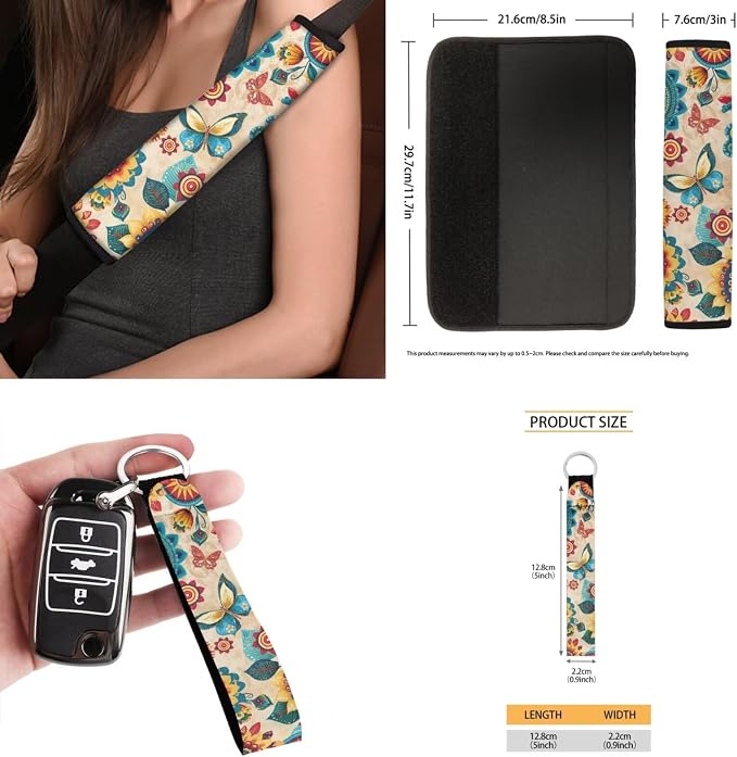 Boho Floral Butterfly 15 PCS Car Seat Cover Set with Auto Steering Wheel Cover Seat Belt Strap Protector Cup Holder Trash Bag Rear View Mirror Protector Keychain