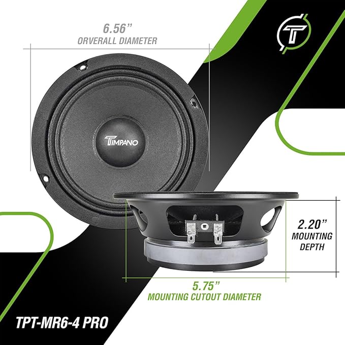 Timpano 6.5 Inch Shallow Midrange Speaker 500 Watts TPT-MR6-4 PRO Bundle 6.5 Midrange Speakers 4 Ohm Shallow Mount Car Audio Speaker, Pro Audio Loudspeaker Compact for Doors (Pair)