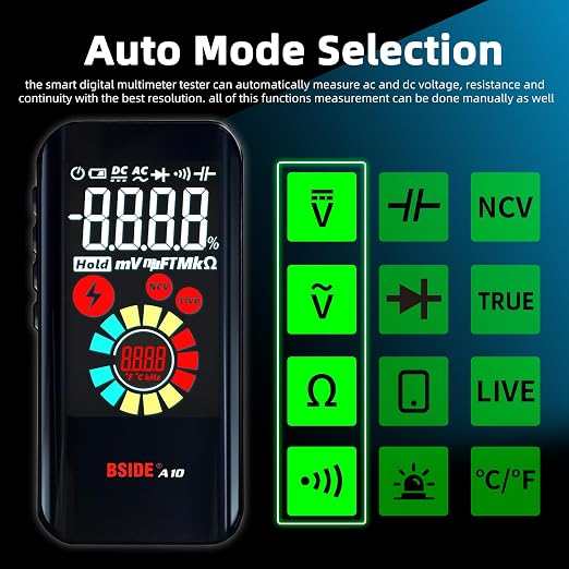 BSIDE Rechargeable Digital Multimeter Color LCD 3 Results Display 6000 Counts Auto-Ranging Pocket Voltmeter Cap Duty Cycle Live Check Voltage Tester