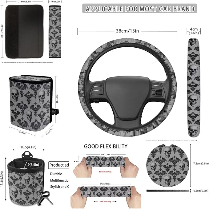 Dreaweet Goth Skull Car Seat Covers Full Set Grey Halloween Car Accessories Seat Covers with Steering Wheel Cover Seat Belt Pads Trash Bin Rear View Mirror Cover Coasters Keychain Air Vent Pouch