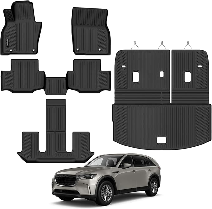 Tongama-Floor Mats for 2024 2025 2026 Mazda CX-90 7 Seats/Captain Seat, All Weather TPE Floor Liners and Trunk Mat with Backrest Mat Protectors for Mazda CX-90 Waterproof Interior Accessories