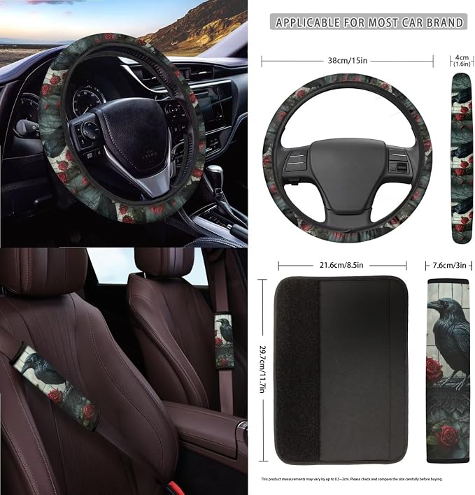 Raven Rose Printed 15 Pack Car Seat Cover Set with Steering Wheel Seat Belt Strap Rearview Mirror Cover Garbage Cans Air Vent Pouch Coasters Keychain Universal Fit for SUV Sedans