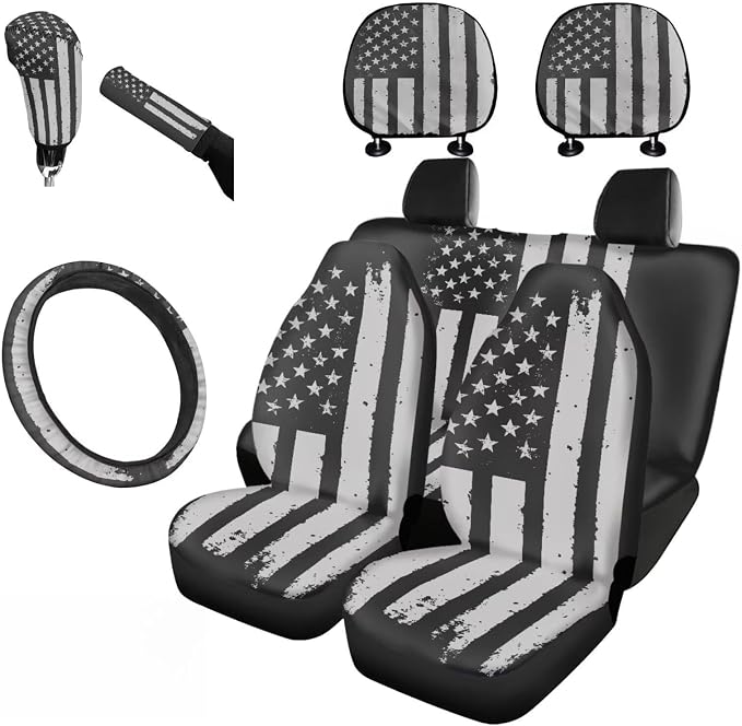 KEIAHUAN Patriotic American Flag Print Car Seat Covers with Steering Wheel, Gear Shift, Handbrake, Cup Holder, and Headrest Covers Auto Accessories Set Fit Most Van Sedan Truck SUV