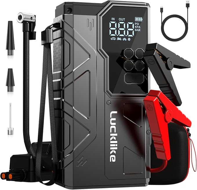 Lucklike Jump Starter with Air Compressor, 6000A 150PSI Car Battery Jumper Starter Portable (All Gas/12L Diesel) 12V Jump Box Car Battery Jump Starter with Tire Inflator, 800LM Light, Jumper Cables