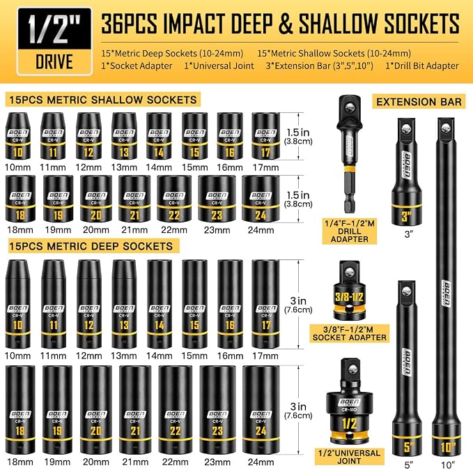 boen 36PCS 1/2" Drive Metric Impact Socket Set + 2PCS 3/8"F to 1/2"M Impact Socket Adapter Set, Yellow Embossed Marking, CR-MO
