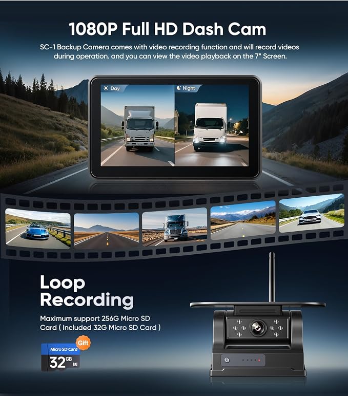 7" Portable 1080P Solar Wireless Backup Camera Car Dash Cam,1 Min No Wiring Easy Install Rechargeable Magnetic Back up Camera for Truck/Trailer/Small RV/Camper (Single Camera)