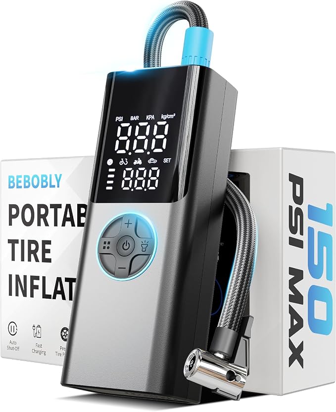 Tire Inflator Portable Air Compressor - 4X Faster & 150PSI Tire Pump For Car Moto Bike Ball - Auto Shut-Off - Fast Charge Power Bank - LED Night Light - Elderly Friendly