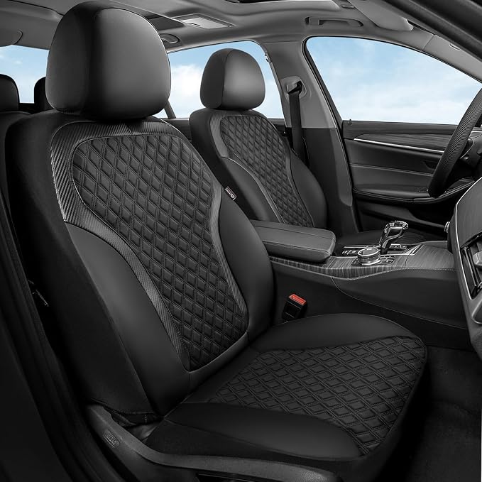 Coverado Front Seat Covers, 2-Pack Luxury Diamond Leather Car Seat Cover with Carbon Fibre Weave, Spill-Proof Driver Car Seat Protectors, Waterproof Seat Covers Universal Fit for Most Cars, Black