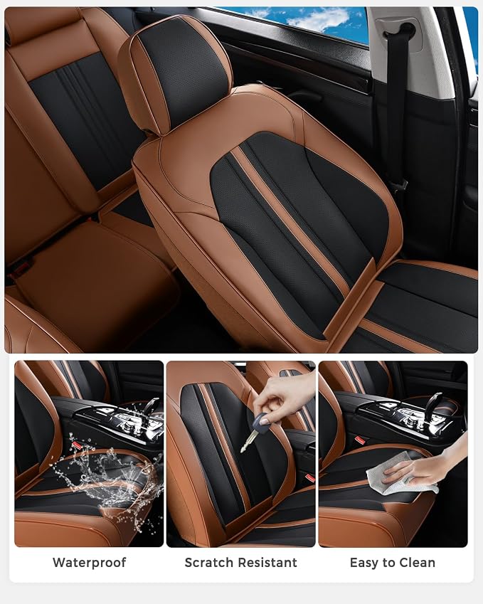 Huidasource Front Car Seat Cover, Luxury Faux Leather Car Seat Covers Front Seats, Fit Airbags, Seatbelt Buckles, Perforation, Cooling＆Heating, Universal Fit for Most Cars Vans Trucks SUVs Brown＆Black