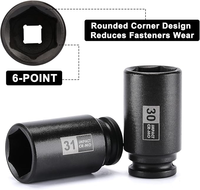 Mayouko 1/2" Drive SAE&Metric Spindle Axle Nut Sockets Set,Deep, 6-Point, CR-MO, 1-3/8" - 1-3/4", 29-38mm