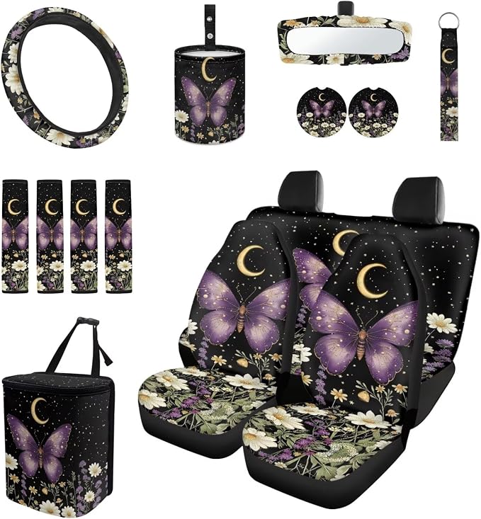 15 Pcs Moon Butterfly Auto Interior Accessories Car Seat Covers with Auto Steering Wheel Cover Seat Belt Covers Car Trash Can View Mirror Cover Coaster Keychains