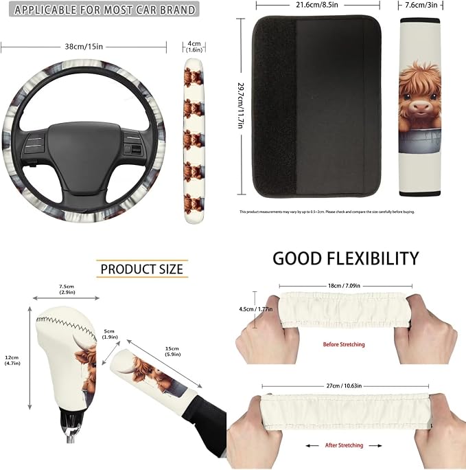 Cute Highland Cow 11 Pack Car Seat Covers Full Set Front Seat Cover Car Steering Wheel Cover Auto Seat Belt Cover Gear Lever Cover Cars Rear View Mirror Cover for Cars SUV