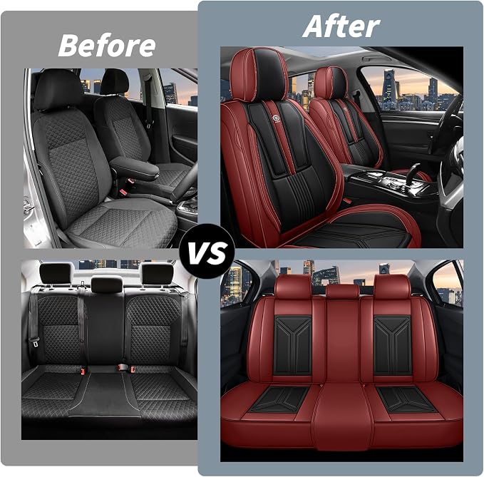 Arazi Fit for 98% of Mazda Seat Covers, 360° Full Wrap Original Seat Cover, Waterproof Nappa Leather Seat Covers with Big Space Storage Pocket Seat Protector（5 Seats Standard, Black&Red）
